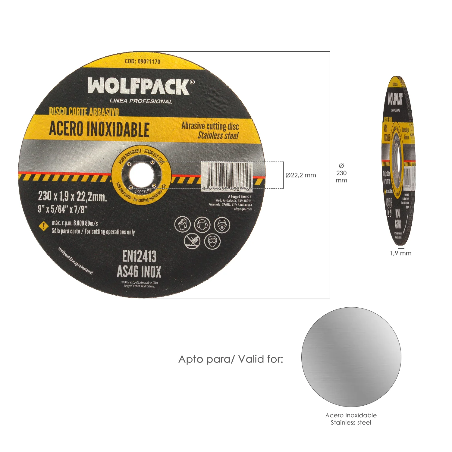 Disco Corte Abrasivo Acero Inoxidable Ø 230x Ø 22,2 mm Espesor 1,9 mm Disco Radial / Amoladora Universal Con Todas Las Amoladora - Imagen 2
