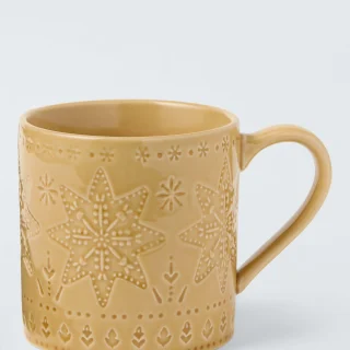 Taza de cerámica con forma de estrella y copo de nieve en relieve, 350 ml, color miel
