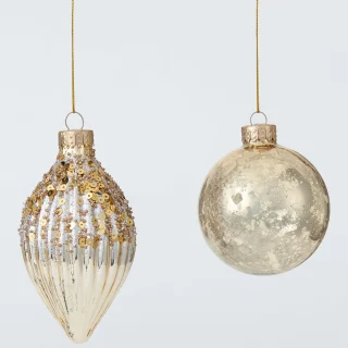 Caja de 9 adornos de cristal mercurizado con purpurina dorada